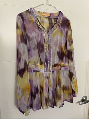 Crisca Purple & Yellow Sequin-Trim Women's Blouse